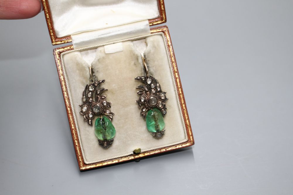 A pair of antique yellow metal, emerald and rose cut diamond set foliate earrings, with GCS certificate dated 14/02/20.